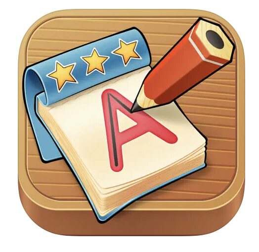 iTrace app which is a picture of a notepad with the letter A on it, 3 stars above it and an orange pencil tracing the A