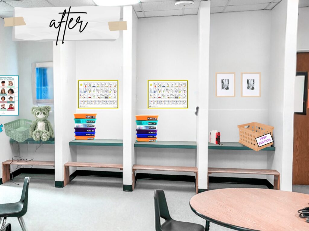 After: Desks are organized as individual work stations and fine motor stations. 