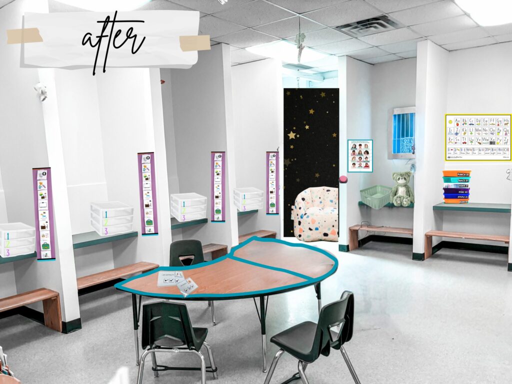 After: Desks are organized as individual work stations and fine motor stations. 