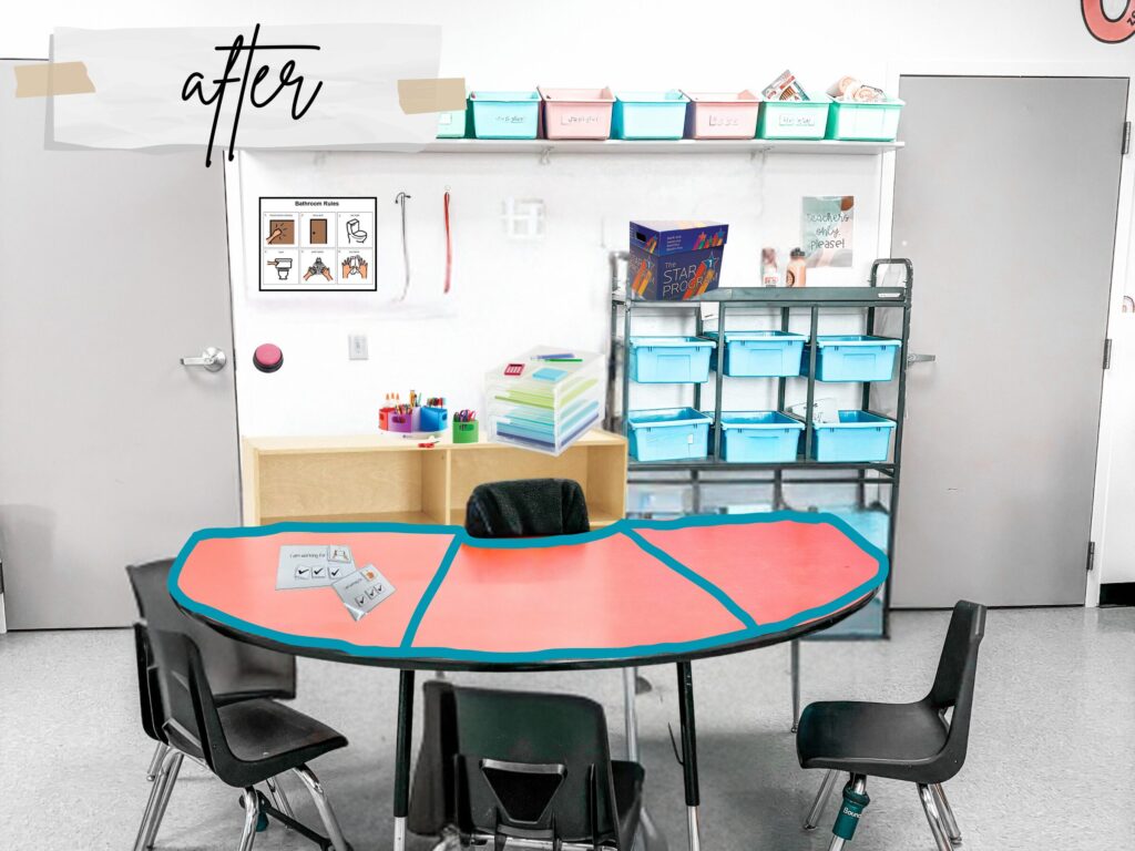 After: The teacher table is divided by tape to create visual boundaries and curriculum/lesson materials are organized behind the desk.
