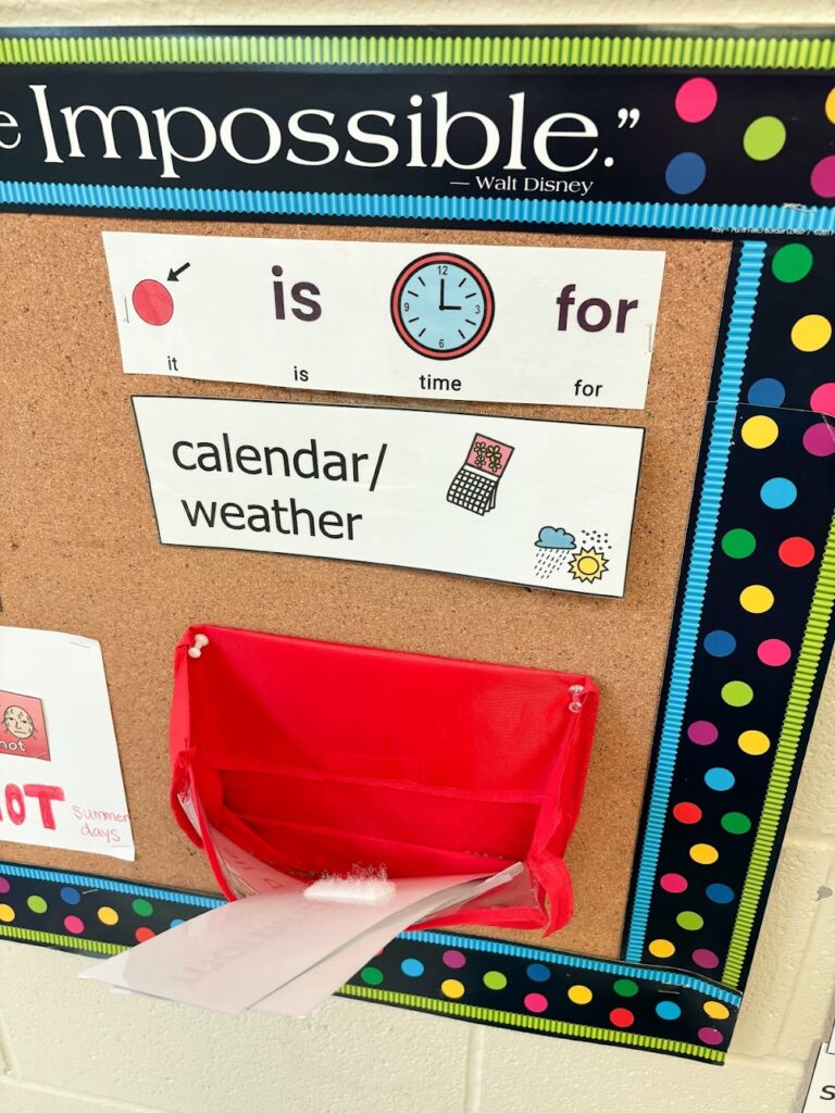 schedule piece on a cork board with all done basket underneath