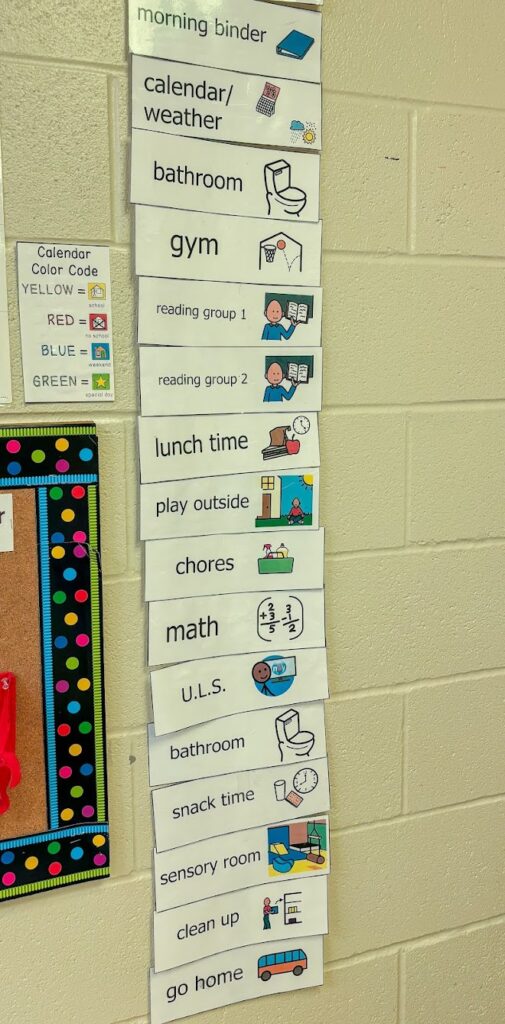 A classroom visual schedule posted on a wall