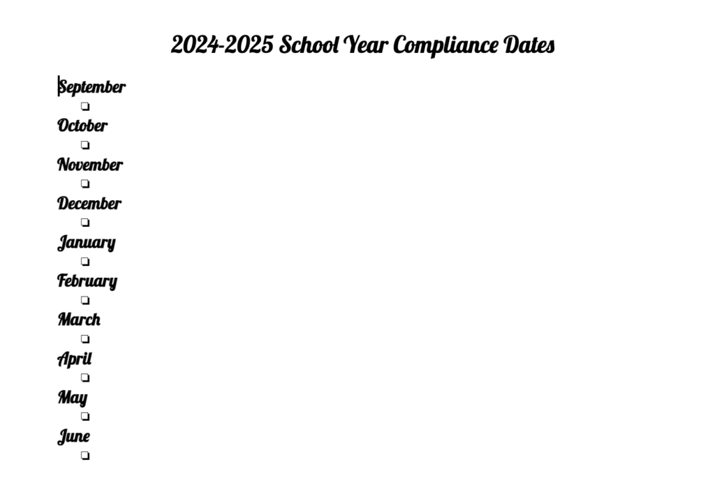 Google Doc with "2024-2025 School Year Compliance Dates" at the top and a list of all the months for the school year with checkboxes under each one