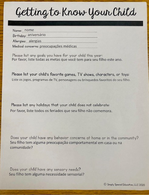 Parent input form titled "Getting to Know Your Child"