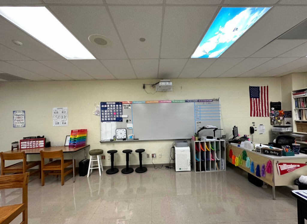 Photo of the front of the room with the teacher desk