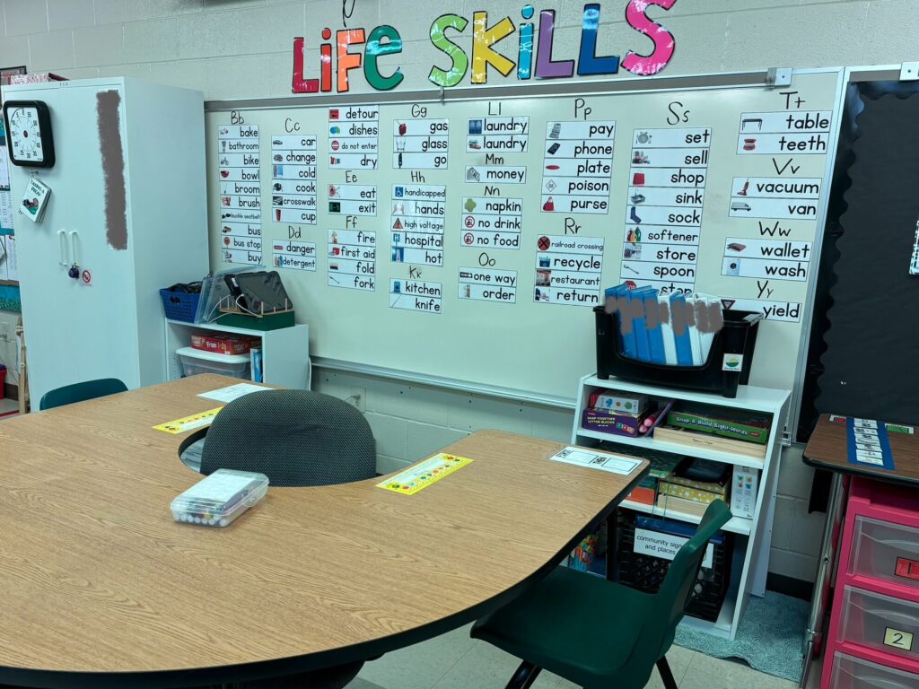 a life skills word wall with real photo visuals hangs on a board behind a U shaped table