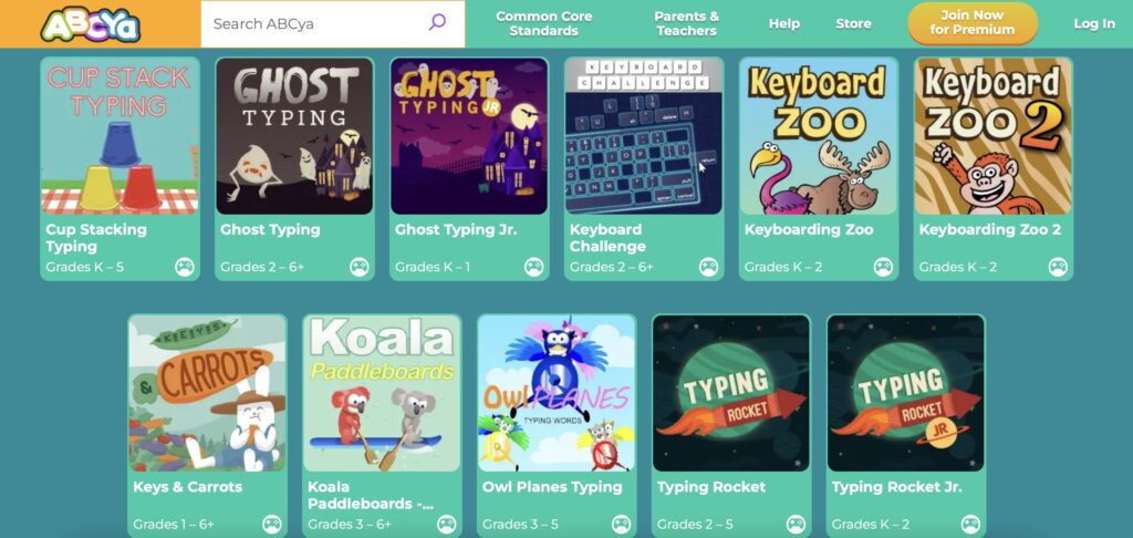 The keyboarding game selection on the ABCya.com website.  The following games with visual icons are showing: Cup Stacking Typing, Ghost Typing, Ghost Typing Jr., Keyboard Challenge, Keyboarding Zoo, Keyboarding Zoo 2, Keys & Carrots, Koala Paddle boards, Owl Planes Typing, Typing Rocket, Typing Rocket Jr.