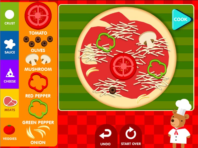 A screenshot off the "Make a Pizza" game. A cartoon pizza is shown, with a menu bar giving options for crust, sauce, cheese, meats, and veggies.