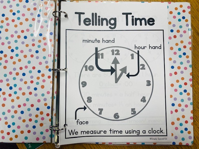 A polka dot patterned binder containing math worksheet pages about telling time