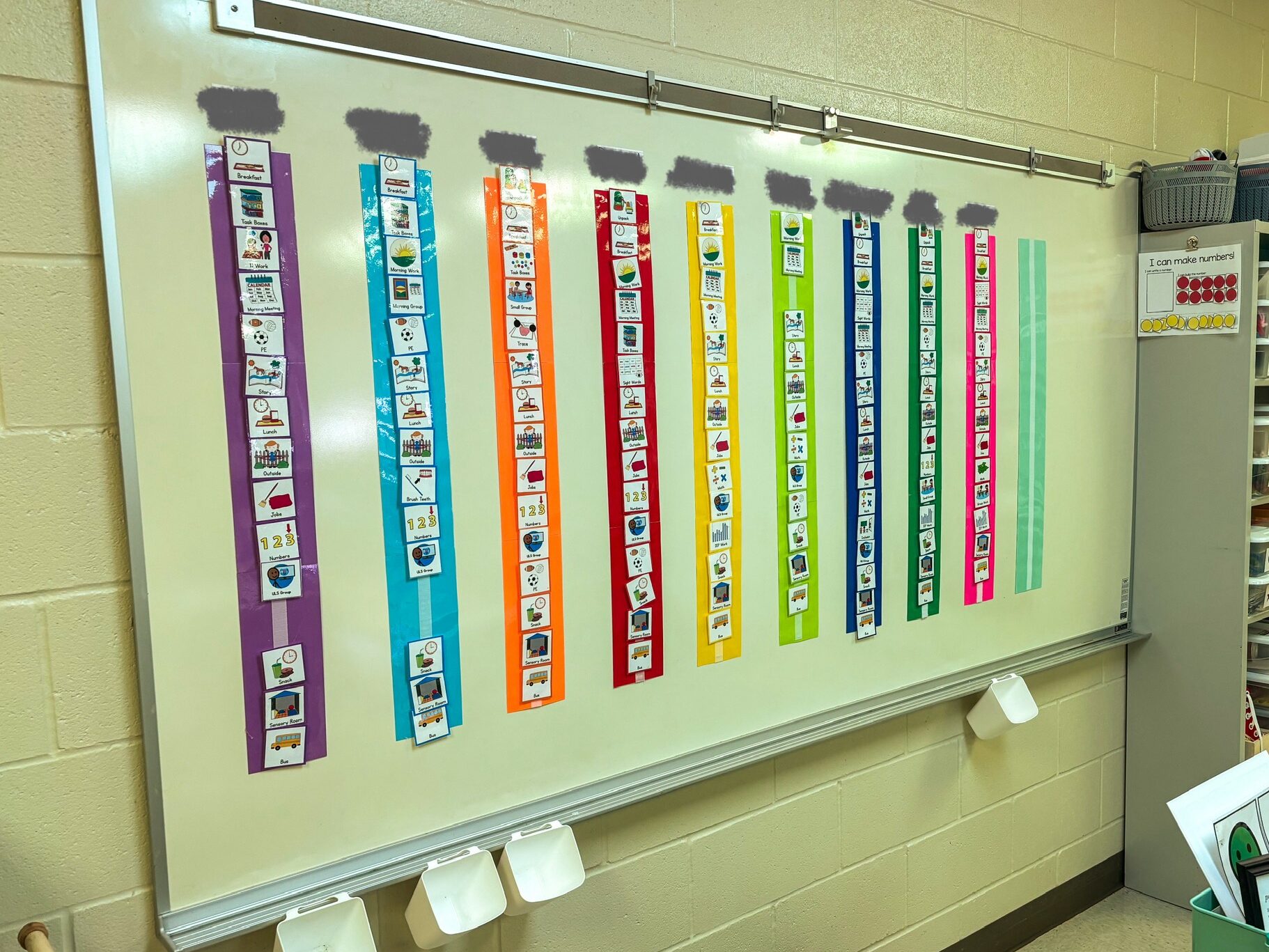 junior high student visual schedules hang on a whiteboard