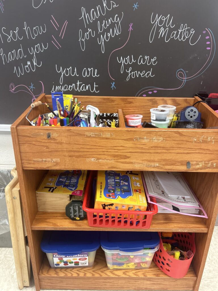 shelving unit behind the kidney table with OT materials in it [building blocks, theraputty, pencils, scissors, etc]. 