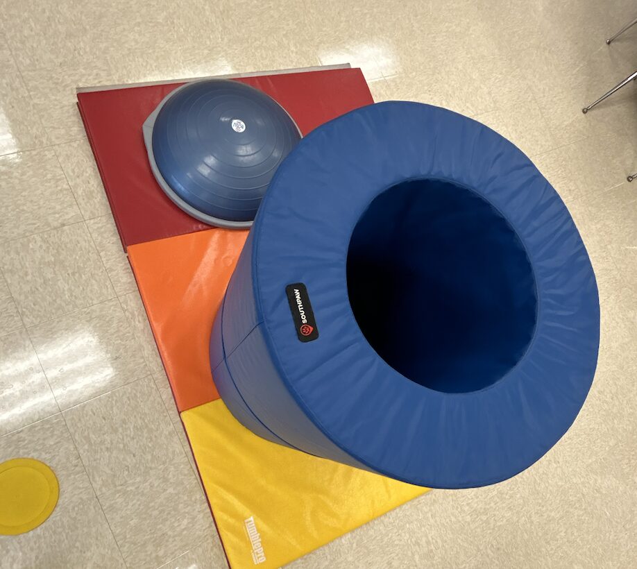 barrel tunnel and boss ball on a mat in the therapy room
