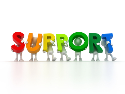 This image shows cartoon people each holding up a letter to spell out the word "support".
