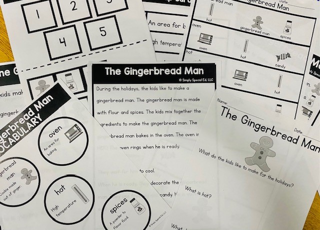 Printed Simple Comprehension stores and activities related to the story "The Gingerbread Man."