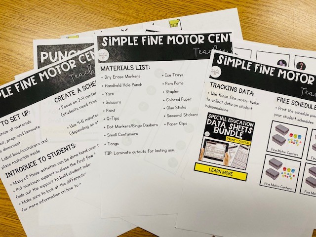 Printed papers with directions and lists for implementing Winter Fine Motor Centers are shown on a wooden table.