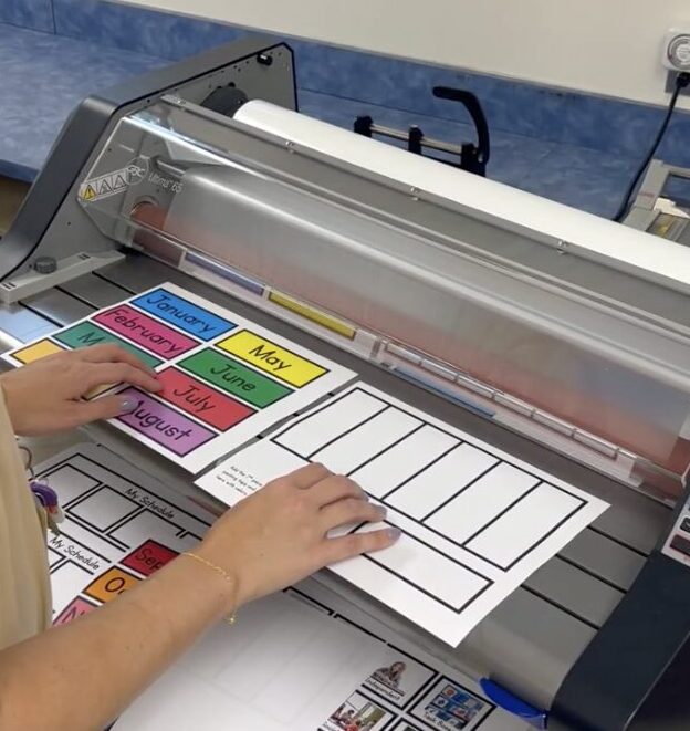 laminating the month cards from the free calendar labels