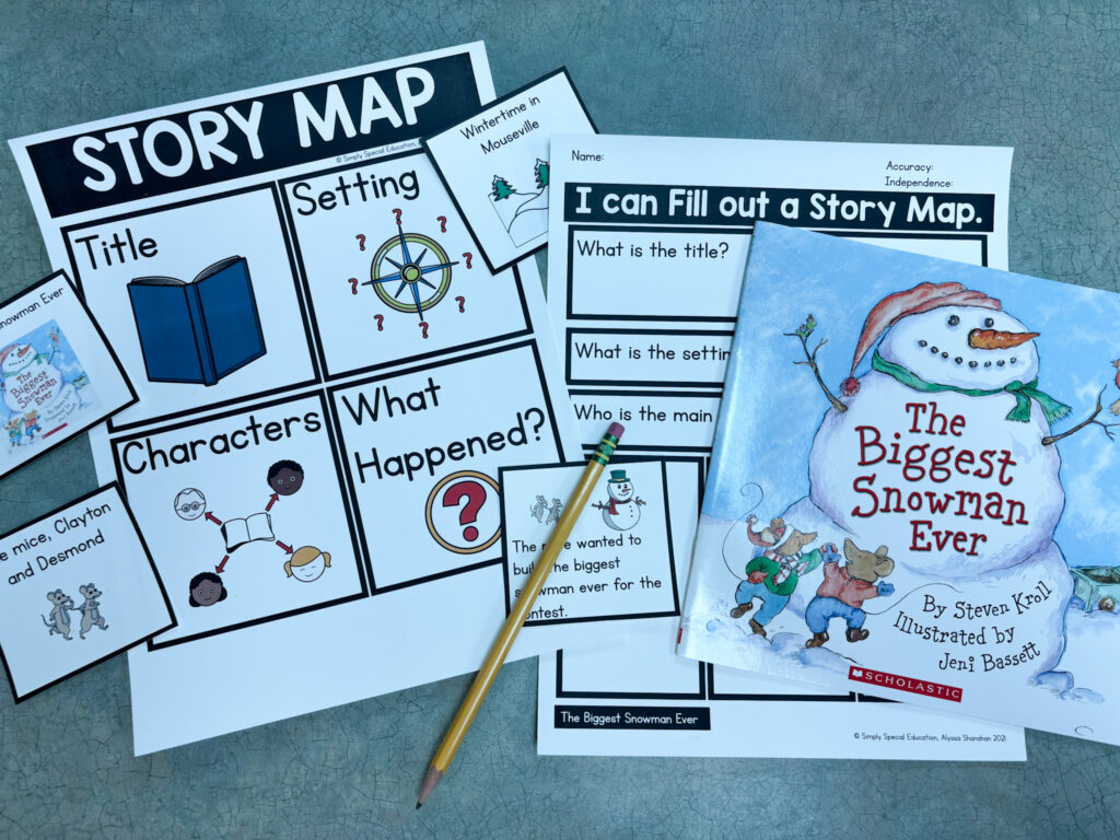 the biggest snowman book is paired with a story map in two different levels