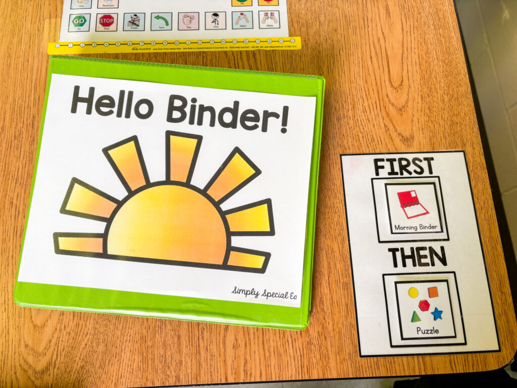 hello binder sits on a desk next to a first then board 