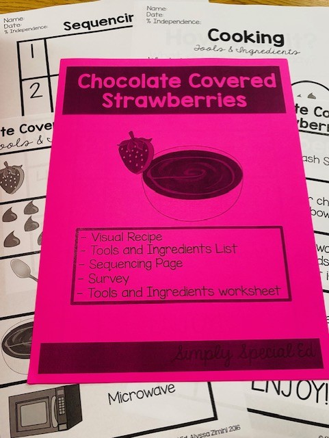 A pink sheet labeled "Chocolate Covered Strawberries" is shown in front of the visual recipe activity.