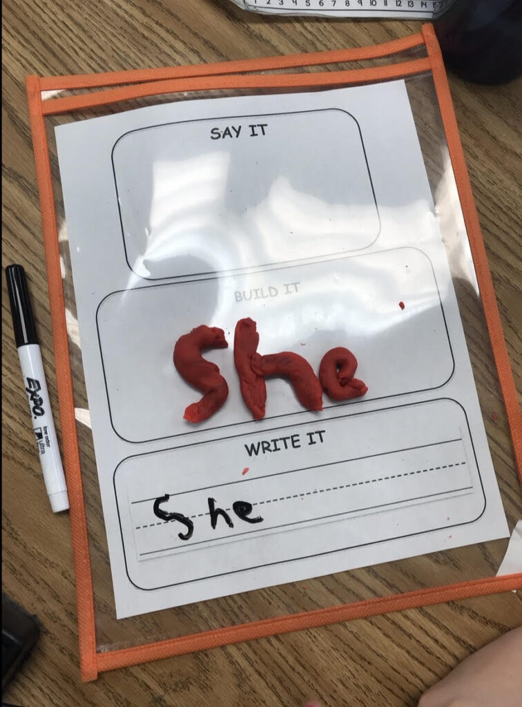 a play doh "say it, build it, write it" activity to practice sight words