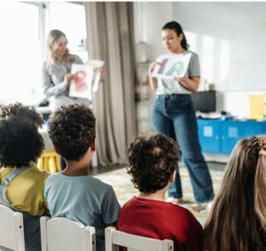 Image featuring two adults in front of 4 children. The adults are holding up papers with with letters "A" and "B" on them respectively.