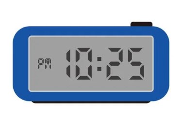 An illustration of a blue digital clock that reads 10:25 PM.