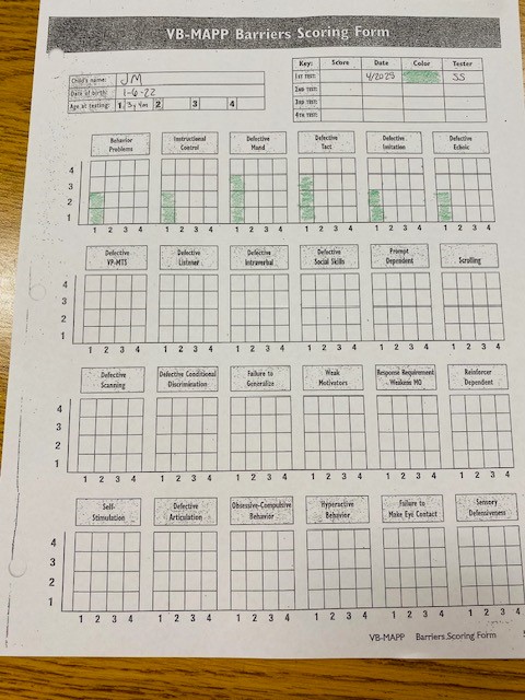 A page of the scoring sheet from the VB-MAPP is shown.
