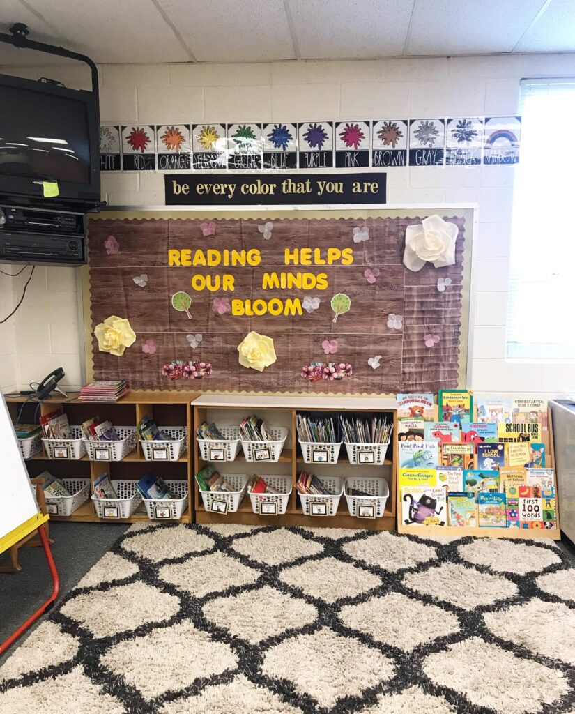 A classroom with a bulletin board saying "reading helps our minds bloom" with decor 