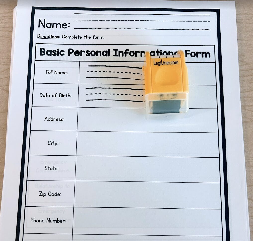 Basic personal information form with full name, date of birth, address, city, state, zip code and phone number. Legi Liner was used to add triple lines for handwriting 