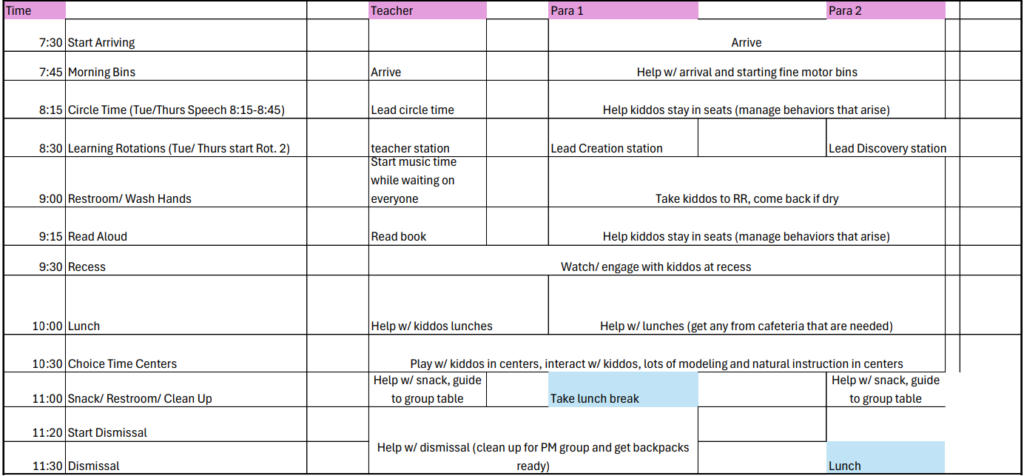 daily schedule from excel with teacher and para duties and times