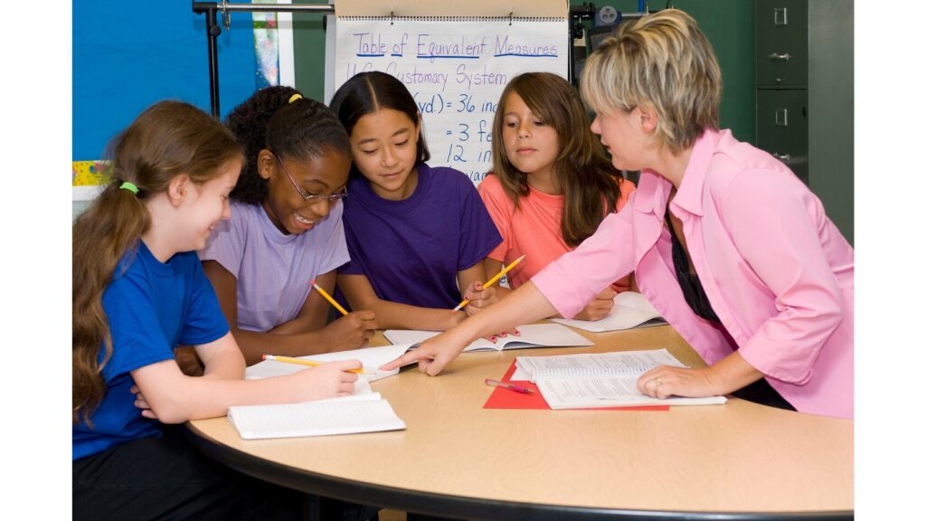 Image of an instructional paraprofessional working with a group of 4 students.