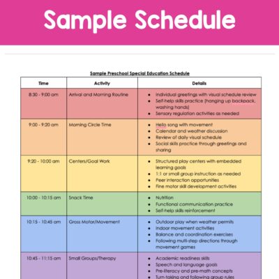 Preschool Special Education Sample Schedule