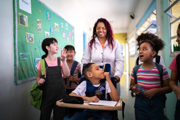 Teacher walking down the hallway with a group of students 