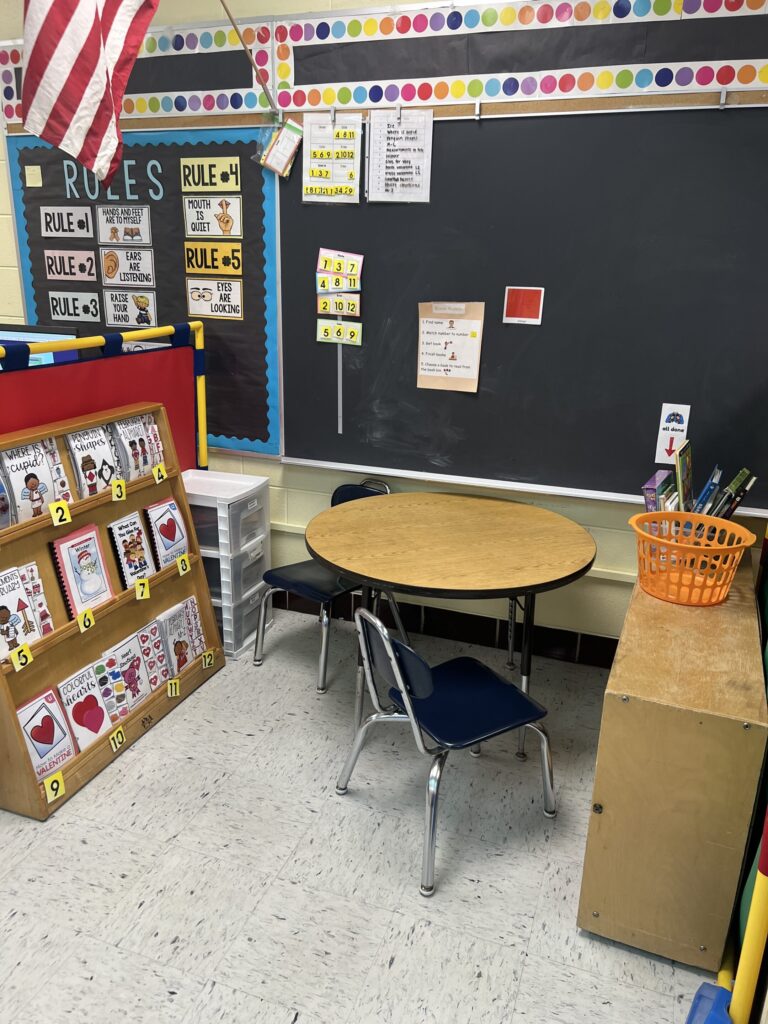 Independent work station with adapted books and basket