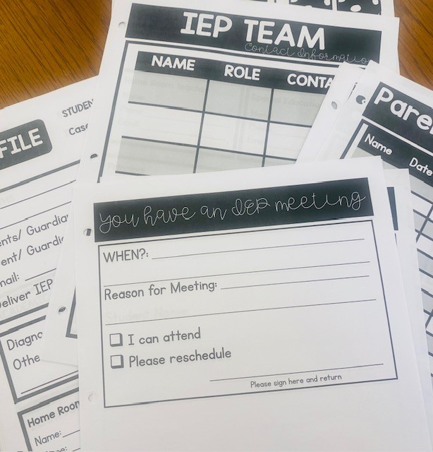 Printed sheets form the IEP Planner are shown, including IEP Tema Contact sheet and Meetign Reminders.
