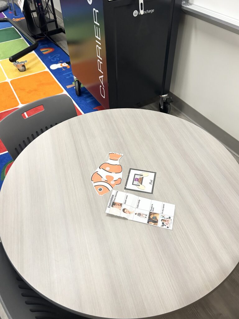 A small circle table next to the ipad cart
