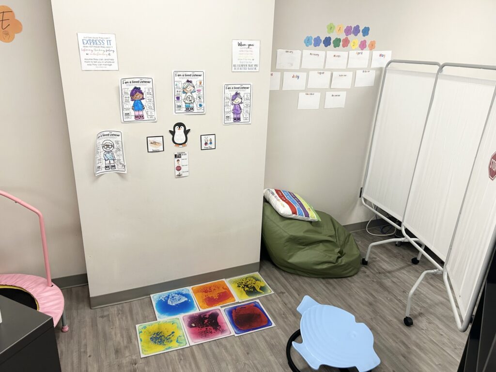 The sensory/ play area with many different toys and sensory tools