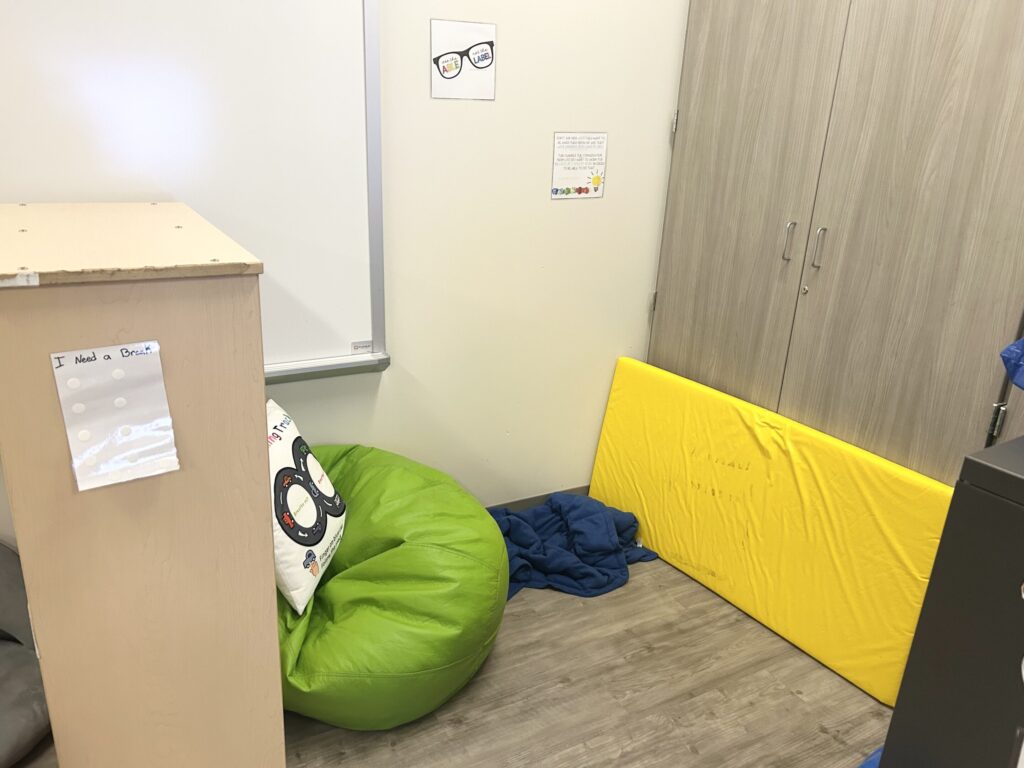 My calm corner has a bean bag and soft mats