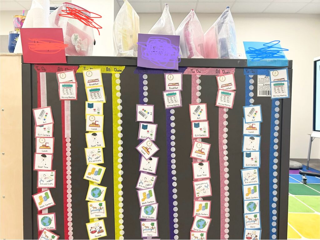 Individual visual schedules that are color coded per student