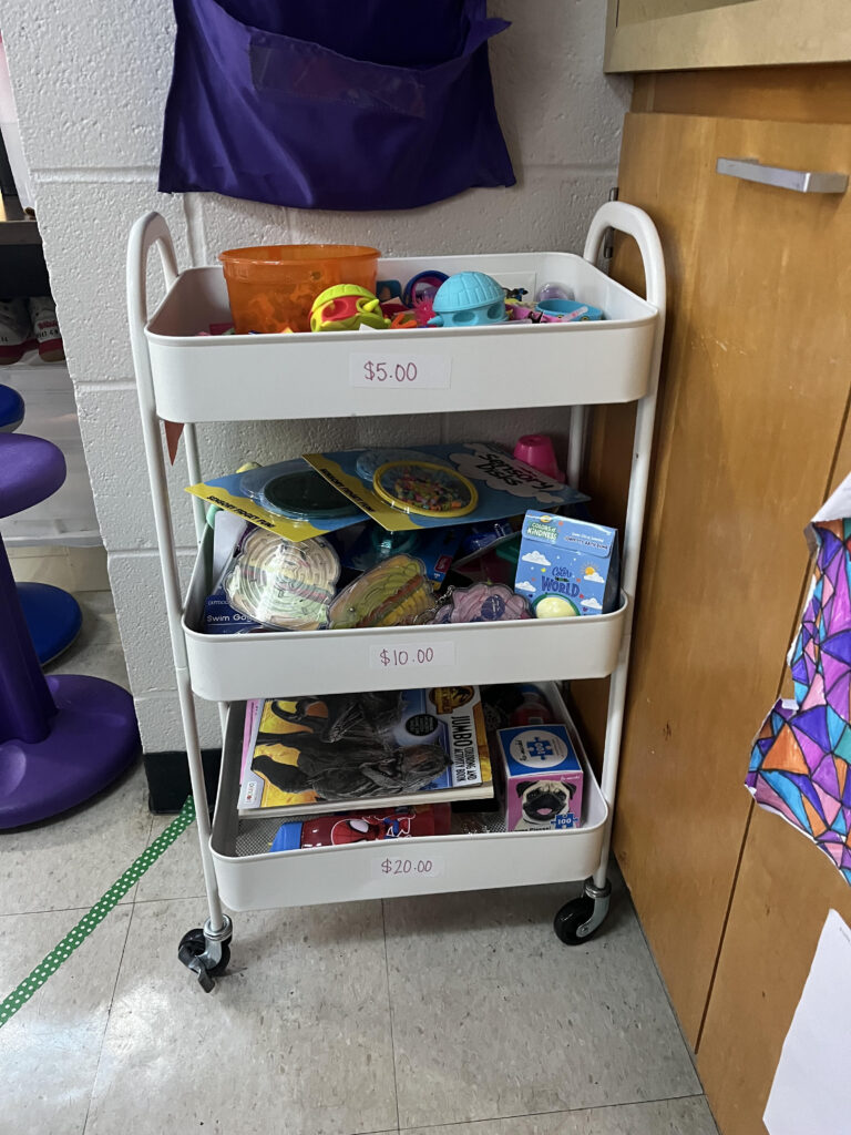 A rolling cart with different toys and prizes
