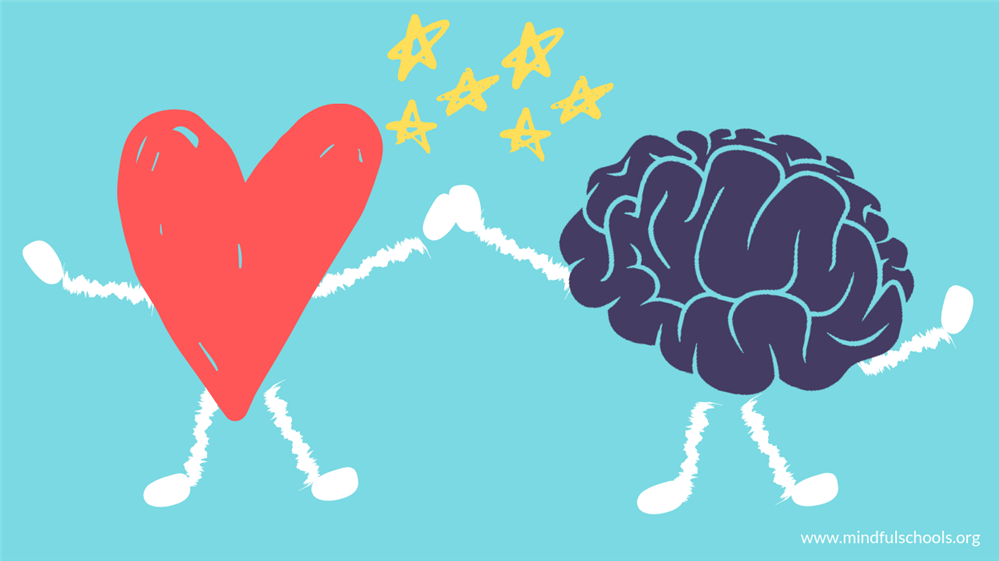 a cartoon heart and brain holding hands
