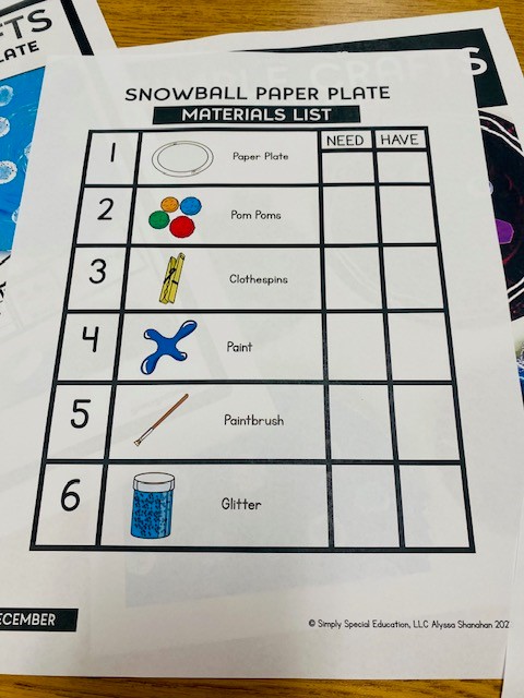 A materials list for the snowball paper plate craft project