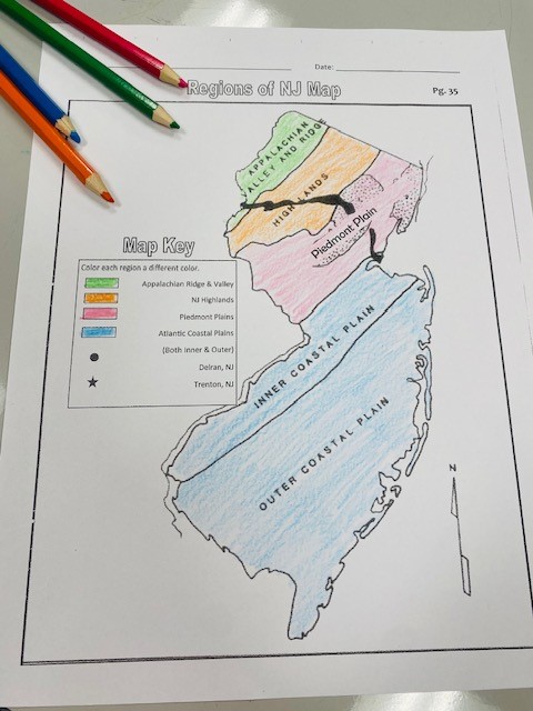 A map of the state of New Jersey, with color-coded state regions.