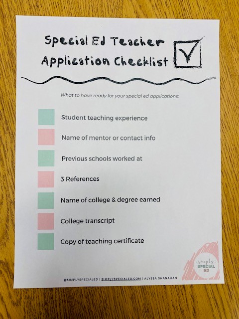 Special Ed Teacher Application Checklist paper is printed out and shown on a wooden table