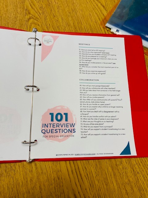 A page of the 101 Interview Questions resource is shown inside of a binder.