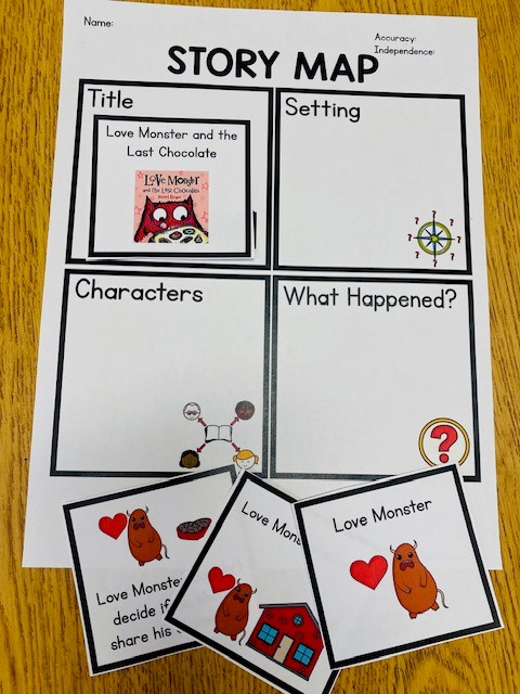 Story map and matching pictures for the book "Love Monster and the Last Chocolate"