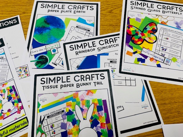 Images of the crafts from the April Visual Crafts bundle: paper plate earth, tissue paper bunny tail, raindrop suncatcher, and stained glass butterfly