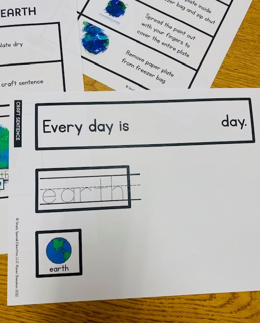 Sentence activity from the craft kit is shown with the sentence "Every day is earth day."