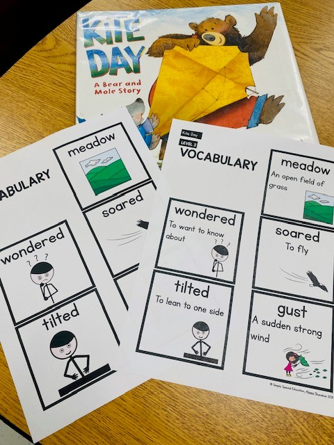 The book "Kite Day" is shown, with the leveled vocabulary cards that go along with it