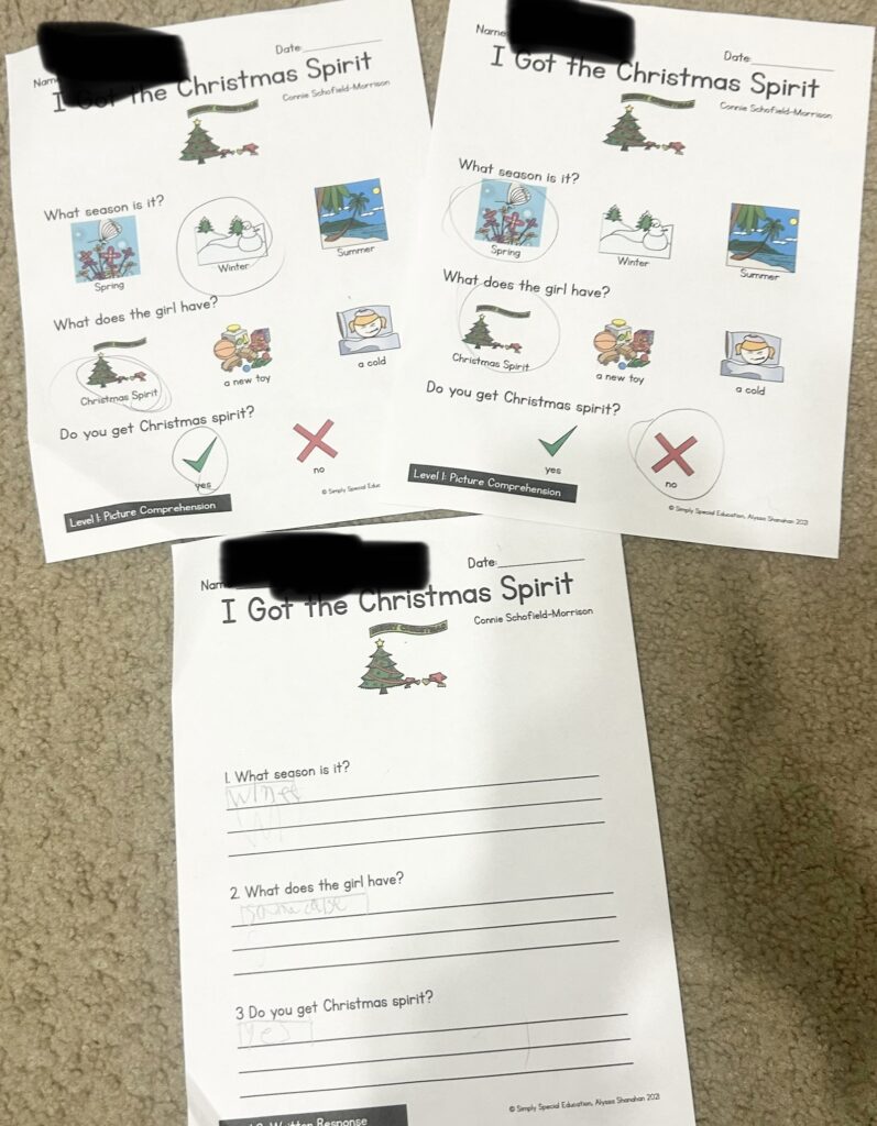 differentiated worksheets about the story "I Got the Christmas Spirit"